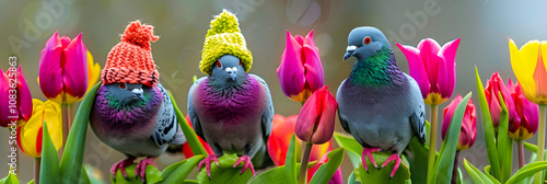 Whimsical World: Pigeons in Winter Clothes Perched on Surreal, Colossal Tulips