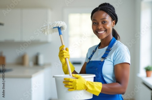 woman cleaning service worker in yellow gloves