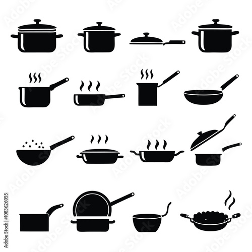 A set of black and white cooking utensils and pots. The utensils include a spatula, a ladle, and a spoon. The pots include a frying pan, a saucepan, and a casserole dish