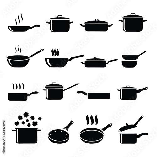A set of black and white cooking utensils and pots. The utensils include a spatula, a ladle, and a spoon. The pots include a frying pan, a saucepan, and a casserole dish