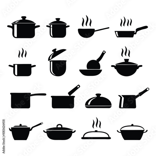 A set of black and white cooking utensils and pots. The utensils include a spatula, a ladle, and a spoon. The pots include a frying pan, a saucepan, and a casserole dish