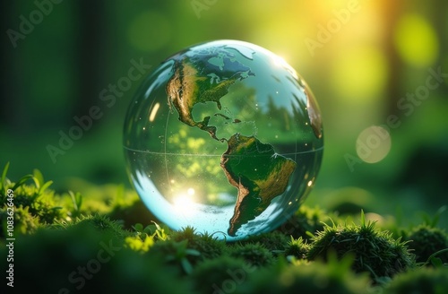 Glowing glass planet earth on green natural background, ecology concept