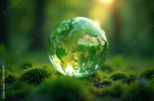 Glowing glass planet earth on green natural background, ecology concept