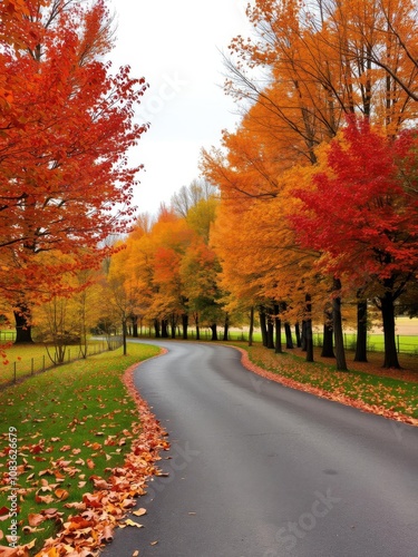 Autumn trees with vibrant foliage lining a curving driveway in a rural setting, winding photo