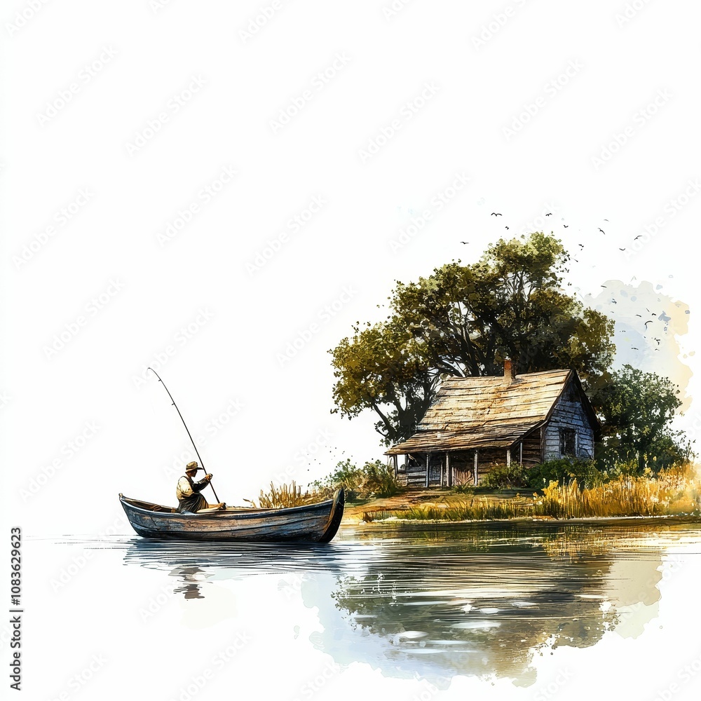 Fototapeta premium A fisherman in a boat, fishing by a cabin.
