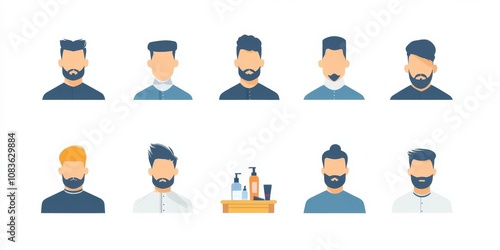 This image shows 12 different icons related to barbershops and haircuts. The icons are designed to be used for a variety of purposes, like creating logos or website designs. photo