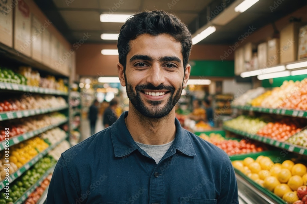 Fototapeta premium Close portrait of a smiling young Iranian male grocer standing and looking at the camera, Iranian grocery store blurred background