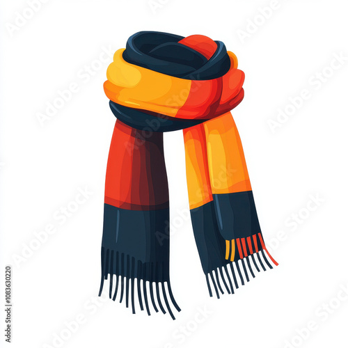 Colorful Knitted Scarf Wrapped Cozy Fashion Accessory for Winter Wear in Vibrant Seasonal Shades of Orange, Red, Yellow, and Black Hanging Trade Item photo