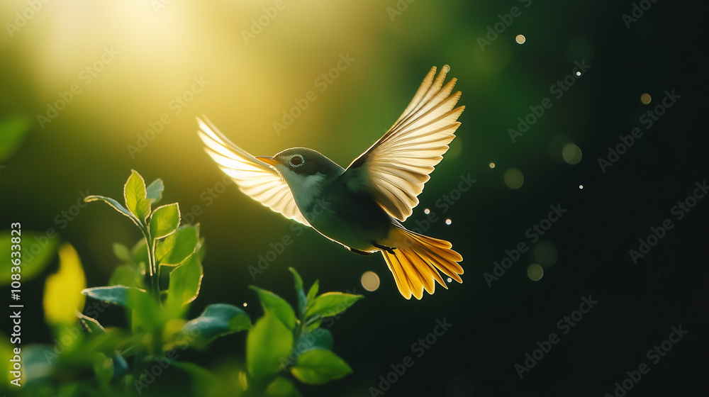Fototapeta premium Golden Hour Flight: A vibrant bird takes flight, bathed in the warm glow of the setting sun, its wings outstretched against a lush green backdrop. A captivating image of freedom and natural beauty. 