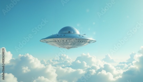 Small UFO in a bright daytime sky, reflective metallic surface shining in sunlight above distant clouds
