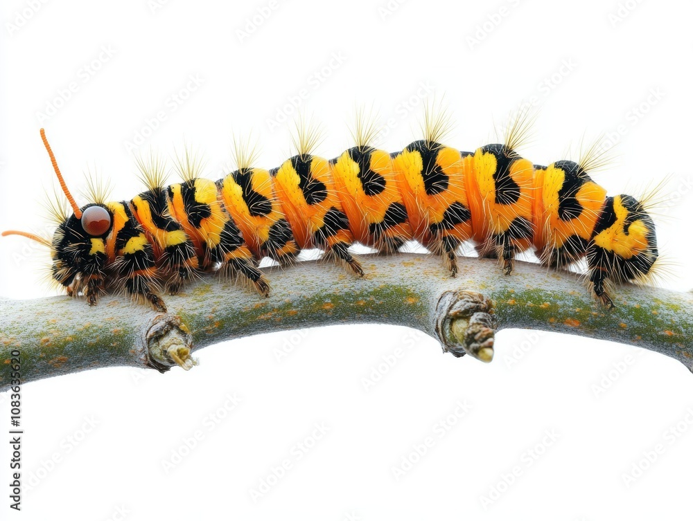 Fototapeta premium Vibrant caterpillar resting on a branch, white isolated background.