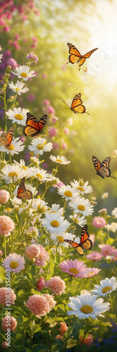 Sunlit flower garden with butterflies flitting between blooms in dreamy atmosphere photo