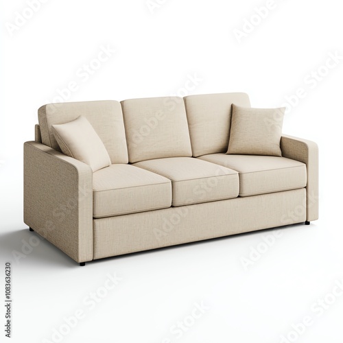 Comfortable beige sofa with cushions, perfect for modern living space and relaxation. photo