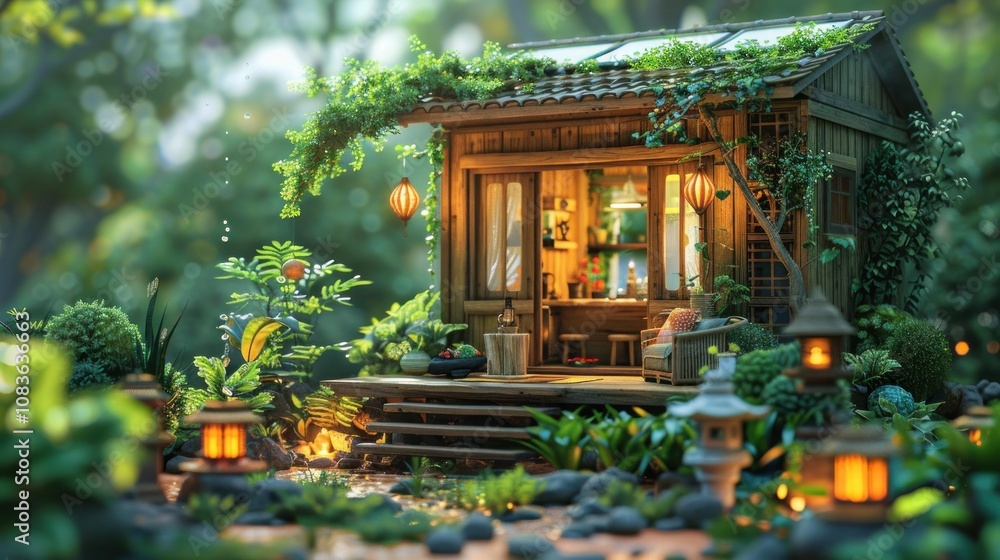 Fototapeta premium Serene wooden cottage nestled in lush garden at twilight.