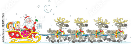 Santa Claus with happy little children and a bag of gifts riding in a magic sleigh with a team of flying reindeers, vector cartoon illustration isolated on a white background