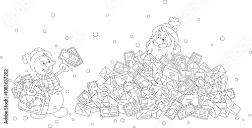 Funny snowman postman and Santa Claus in a heap of envelopes with letters and postcards from little children, black and white outline vector cartoon illustration for a coloring book