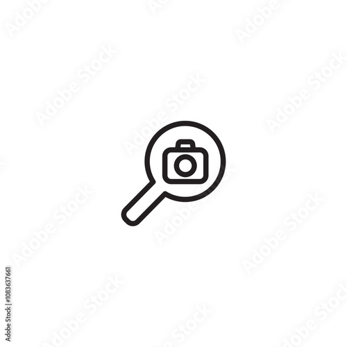 Find picture on camera icon. Visual representation of searching for images or photos using a magnifying glass tool with a camera icon. Editable icon.