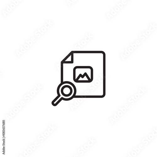 Search image on file icon. A magnifying glass icon pointing at a document with a picture inside, symbolizing searching within an image file. Editable icon.