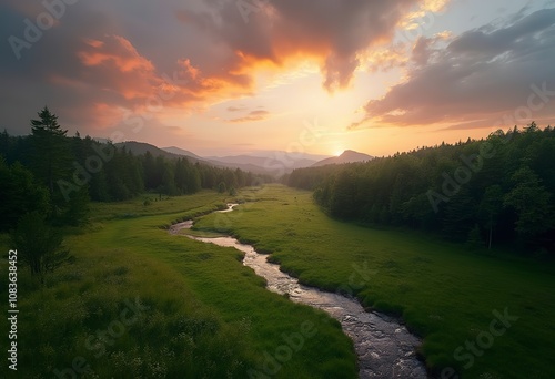 A scenic landscape with a river or stream flowing through a grassy field, surrounded by a forest of trees