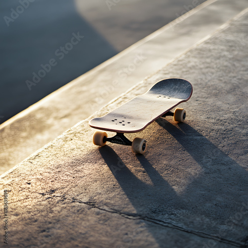 A Minimalist Stock Photo Featuring the Delicate Details of a Skateboard on a Smooth Concrete Ramp photo