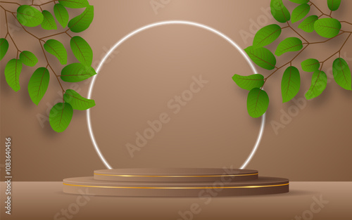 Brown podium with elegant gold lines and green leaves on the back for product presentation. Cosmetic product display. vector illustration	