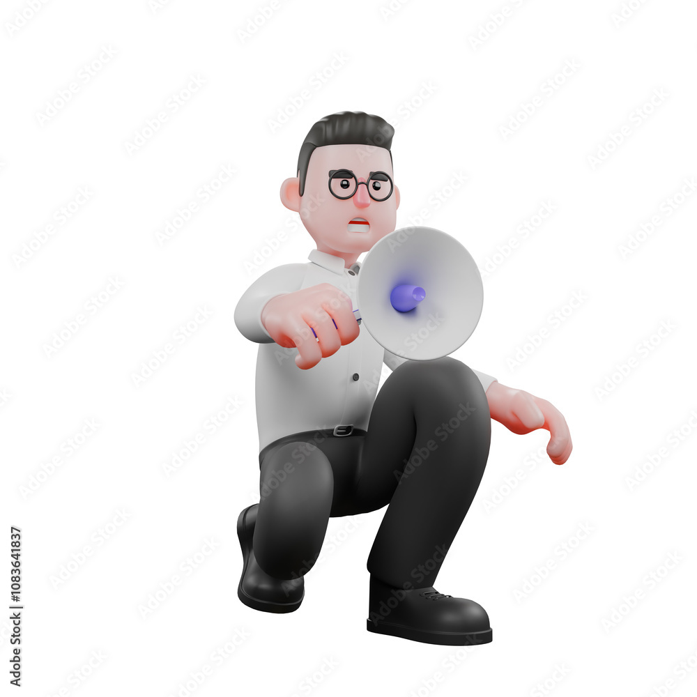 Fototapeta premium 3D Film Producer Model. a male producer sits crouching with his right hand holding a loudspeaker. Cartoon Movie Style