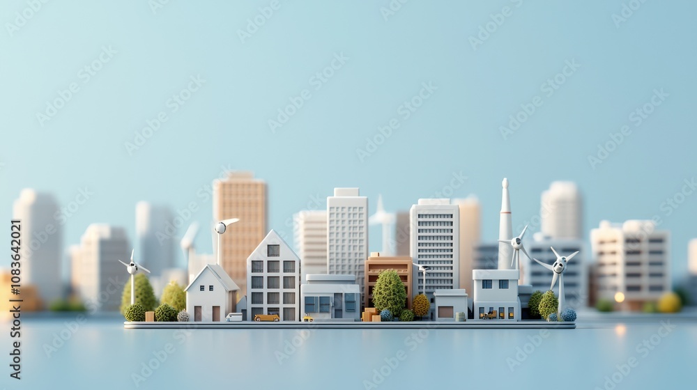 Fototapeta premium A miniature cityscape featuring various buildings, showcasing a blend of modern and traditional architecture against a tranquil blue background.