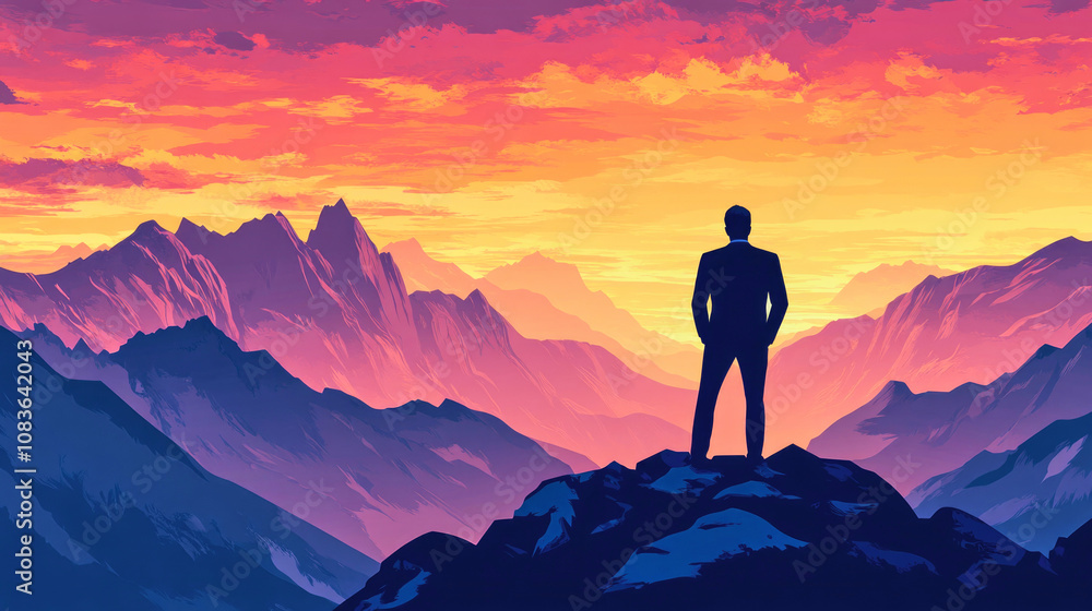 Fototapeta premium A confident man in a suit gazes at a vibrant sunset over towering mountains from a high plateau