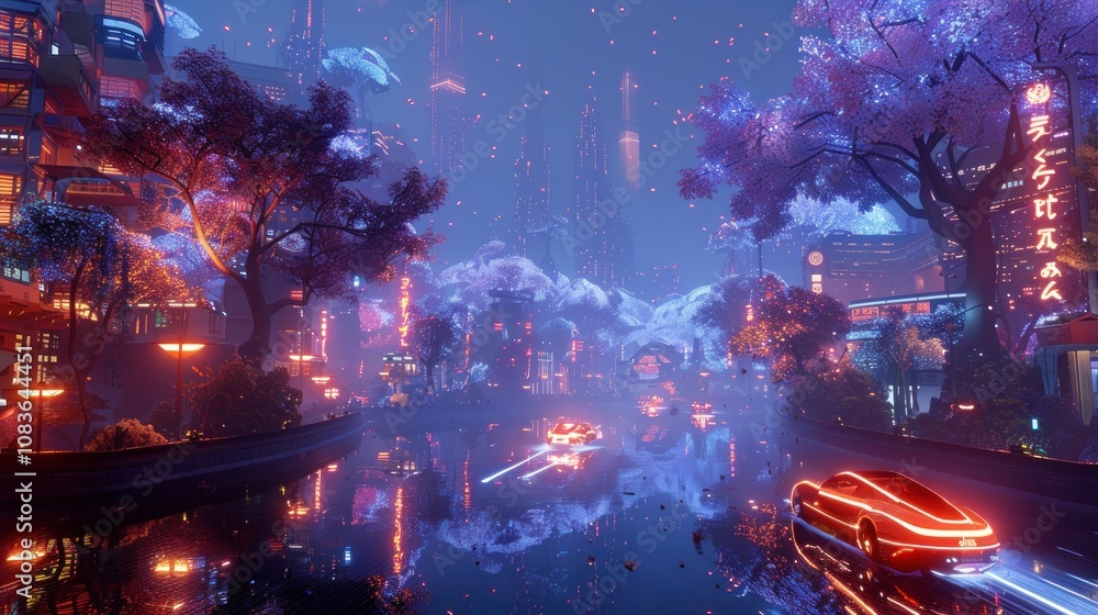 Obraz premium Futuristic city nightscape with neon lights, flying vehicles, and cherry blossoms reflecting in water.