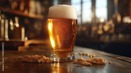 Craft beer glass with frothy foam set on a wooden bar grains hops and barley scattered beside the glass subtle background of brewery decor photo