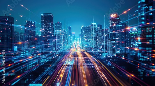 Wallpaper Mural Futuristic cityscape with glowing digital network lines. Torontodigital.ca