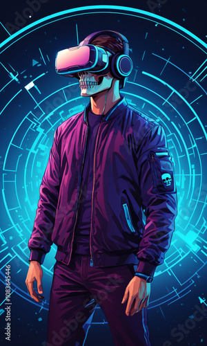 Virtual Reality Artwork, Skull in Neon Blue Cyberpunk VR Gear, Futuristic Gaming, Sci-Fi Aesthetics, Technology Concept, Digital Innovation