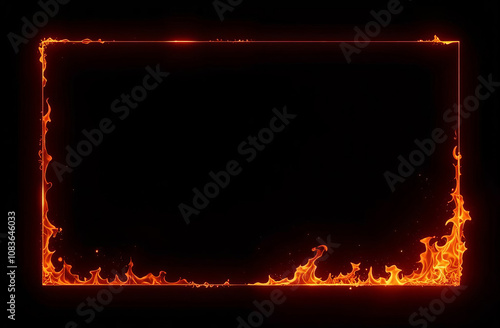 Burning borders. Frames in fire with flying particles and sparks. Flame tongues. Space for text.