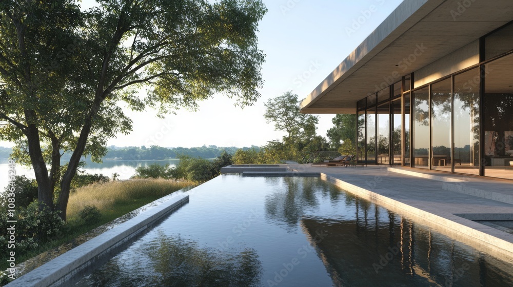 Fototapeta premium Modern Home with Infinity Pool Overlooking a Lake