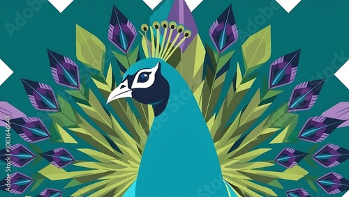 Beautiful vector illustration of a cute peacock bird with colorful feathers perched on a branch, isolated on white background