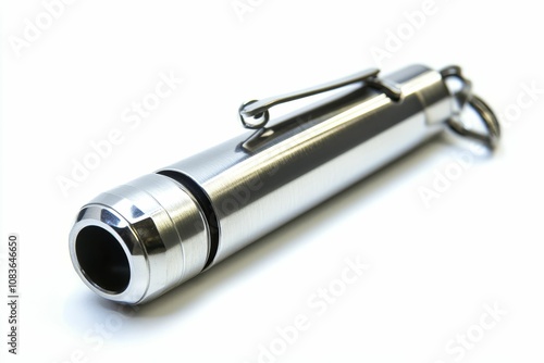 A silver metal whistle with a clip. photo