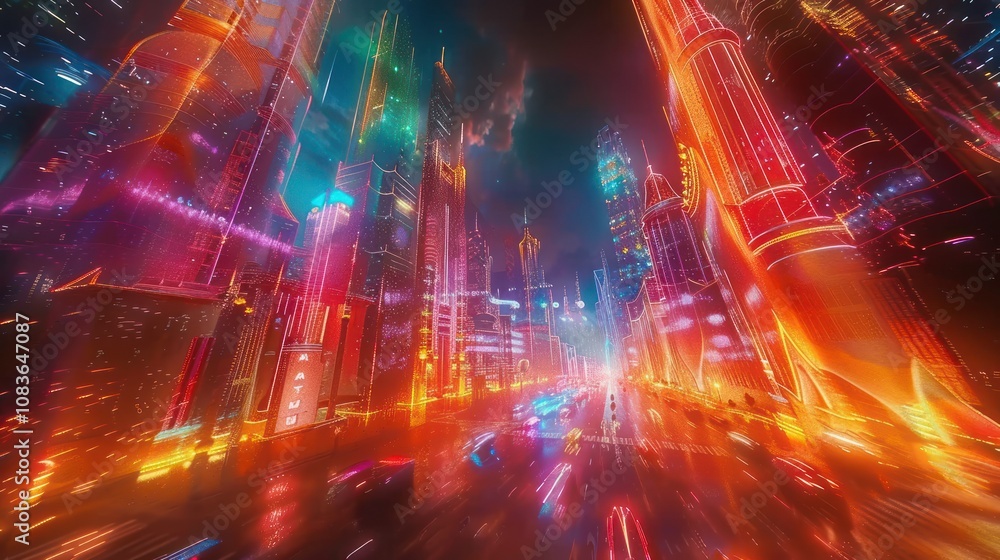 Fototapeta premium Futuristic city at night, vibrant neon lights, speeding cars.