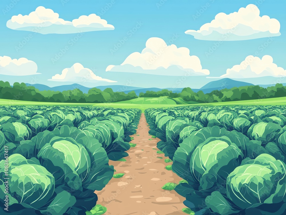 Fototapeta premium Vast cabbage field under a clear blue sky with mountains in the background.