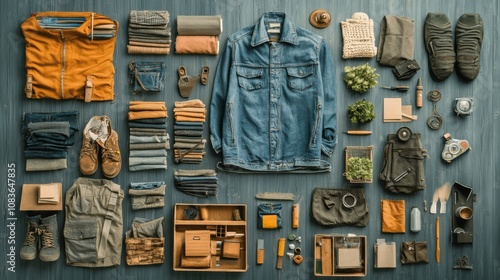 A thoughtfully arranged collection of recycled and upcycled clothing items and accessories showcases eco-friendly living and creativity. Generative AI photo