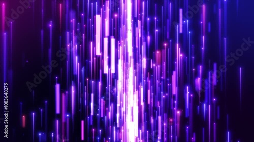 Dynamic square violet glowing line beams, Colorful glow light trail with particles background
