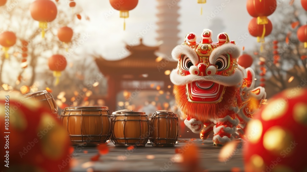 Fototapeta premium 3D rendering of a festive parade with lion dancers, drums, and open space for text at the bottom.
