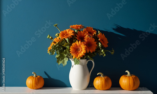Decorative Use, Vibrant Orange Marigolds in White Vase with Pumpkins, Autumnal Arrangement, Home Decor, Festive Fall Theme, Sunlit Interior