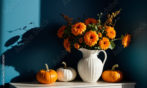 Decorative Use, Vibrant Orange Marigolds in White Vase with Pumpkins, Autumnal Arrangement, Home Decor, Festive Fall Theme, Sunlit Interior