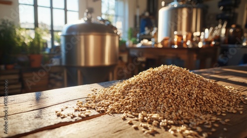 Fresh barley and hops laid out on a wooden table brew kettle in the background ready for the next stage of beer brewing photo