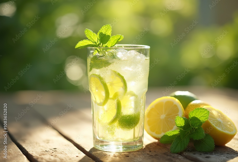 Fototapeta premium A glass of refreshing lemonade or iced tea with sliced limes, mint leaves, and ice cubes