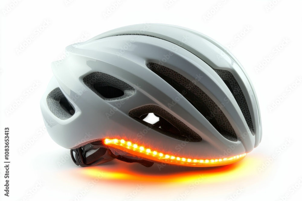 Fototapeta premium White bicycle helmet with glowing orange lights.