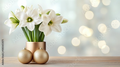 Wallpaper Mural Christmas amaryllis ornamental concept, A beautiful arrangement of white lilies in a gold pot surrounded by festive ornaments, creating an elegant and cheerful atmosphere. Torontodigital.ca