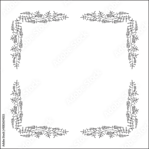Decorative frame, vegetal ornamental frame with glycine flowers, decorative border, corners for greeting cards, banners, business cards, invitations. Black and white. Isolated vector illustration.