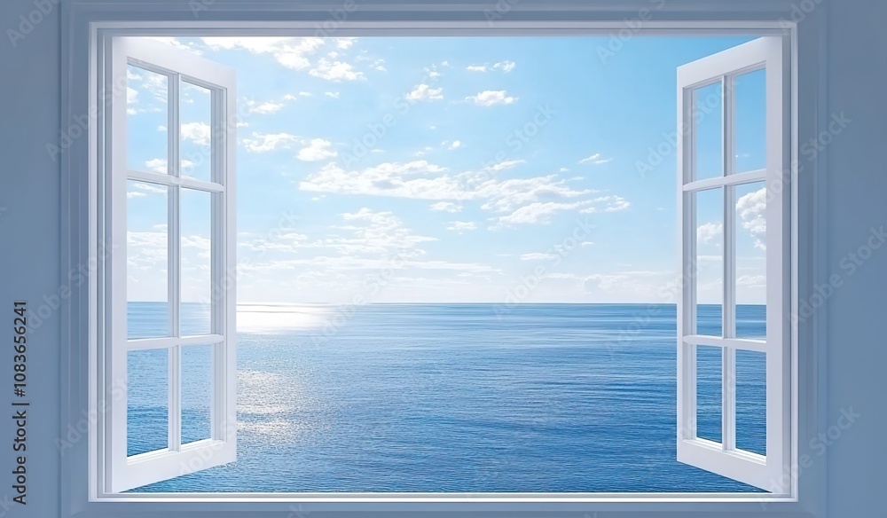 Fototapeta premium An open window with a white frame overlooking the blue sea 