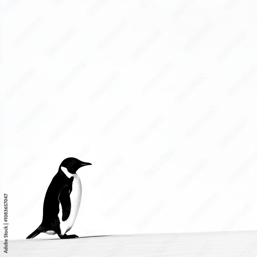 Obraz premium Penguin standing on icy surface, white isolated background.